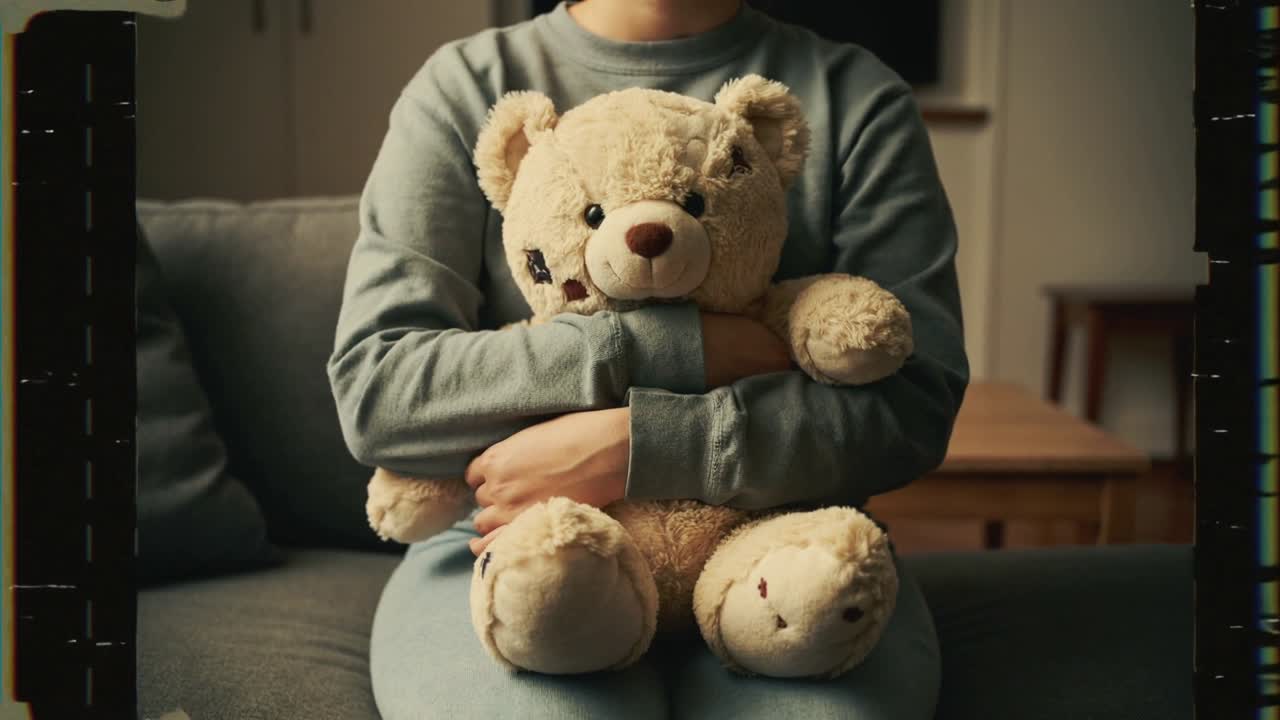 En voksen krammer en stor bamse, iført en turkis sweater og jeans, sætter sig til rette på sofaen for at hygge sig, med en filmkant.