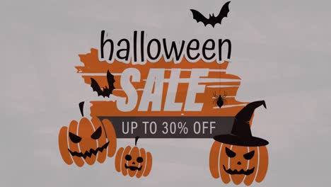 halloween sale text banner with scary pumpkin and bats icons against white background