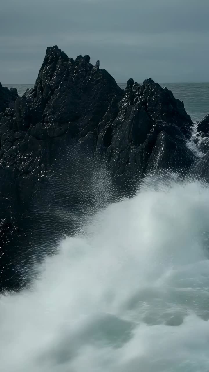 Vertical video: Standing barnacled rock outcrop enduring rising swell at shore, waves crashing