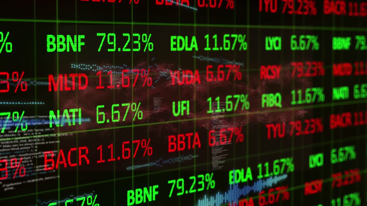Animazione di elaborazione di dati finanziari e statistiche su sfondo nero