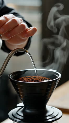 Person pouring hot water over coffee grounds to brew pour-over coffee