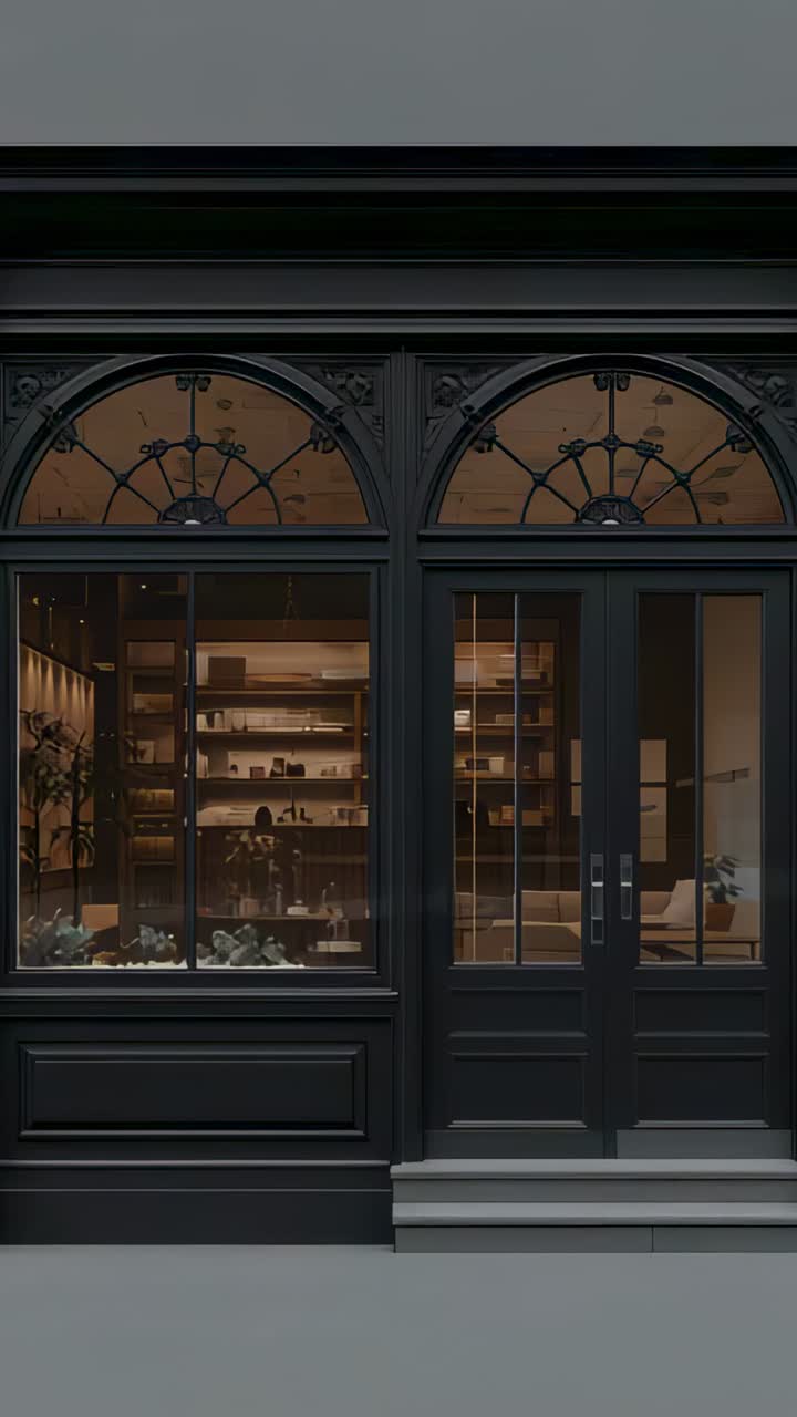 Vertical video: Pushing camera revealing storefront on sidewalk, showing lit shelves, seated worker