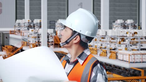 engineer reviewing plans in a warehouse