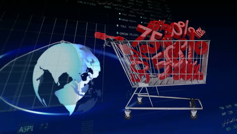 animation of shopping trolley and statistics over globe