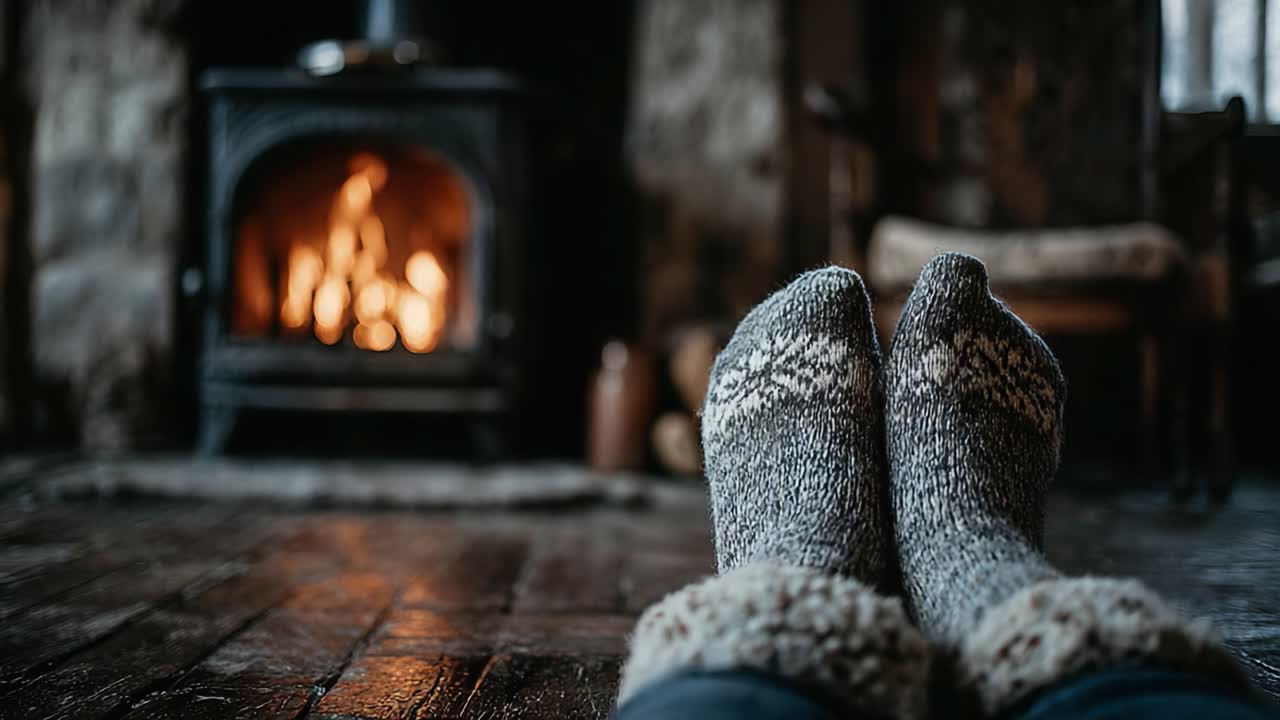 Cozy Winter Vibes: Warm Feet by the Fireplace for Ultimate Comfort and Relaxation in a Rustic Cabin Setting