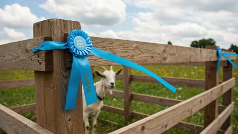 a charming goat in a pastoral setting showcases a blue ribbon award, signifying excellence in agricultural competitions and celebrating farm life