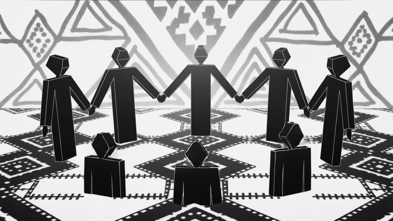 Forming humanoid figures linking hands and circling low block figures on patterned floor, backdrop
