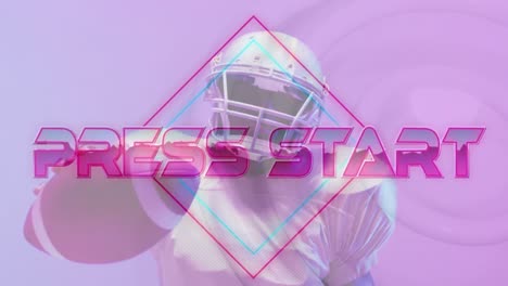 animation of press start text over american football player and neon diamonds