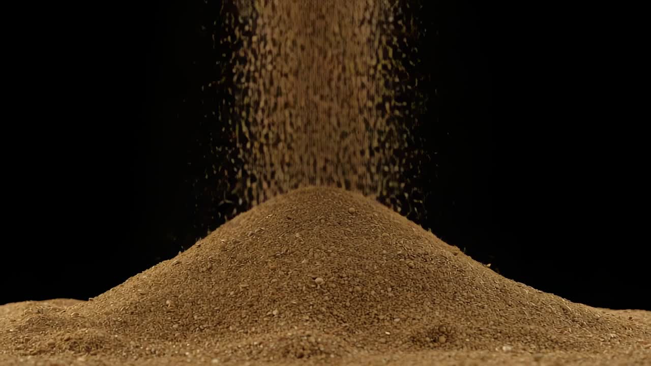 Falling column of sand depositing granules onto central mound at studio surface, widening base