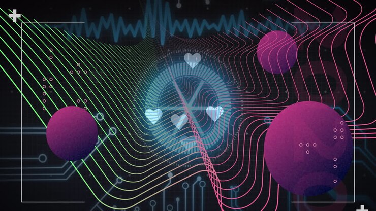 Animation of balls, computer data processing over circuit board