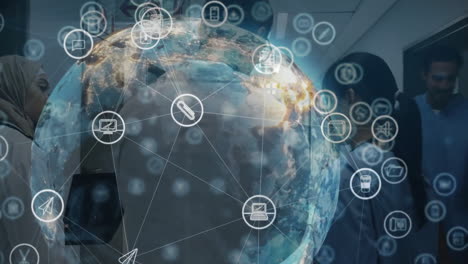 animation of digital network icons connecting globe with people working in school