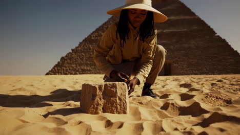 archaeologist examining ancient egyptian artifact at giza pyramid