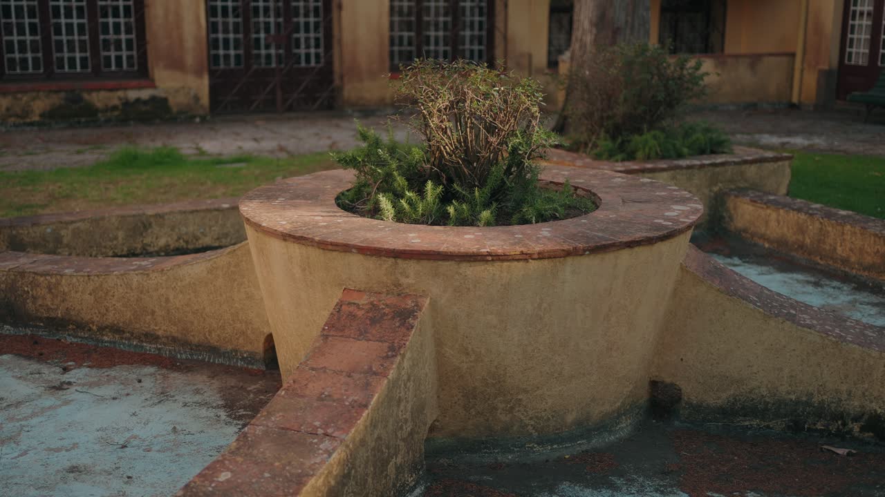 Weathered stone fountain with greenery in a rustic Portugal courtyard