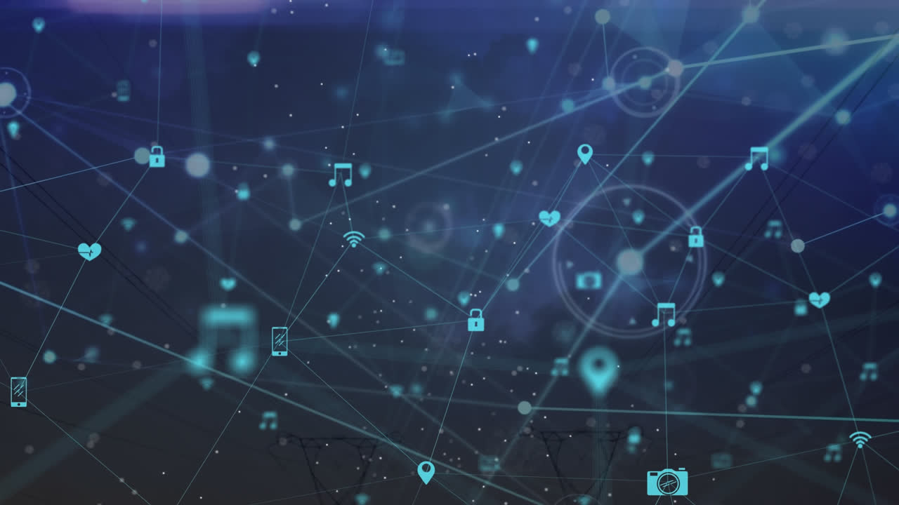 animación de la red de conexiones con iconos en fondo oscuro