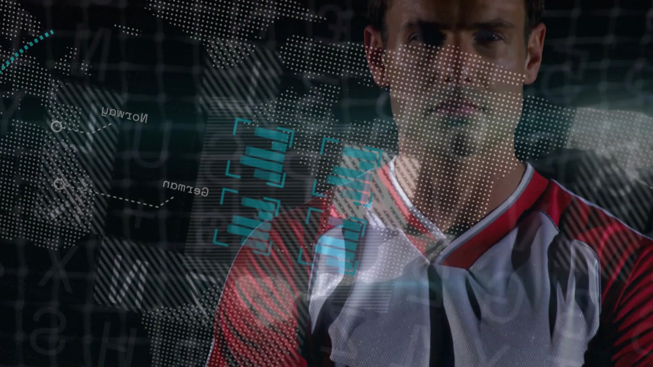 Camera rising athlete changing stance folding arms while HUD graphics overlaying face for sports