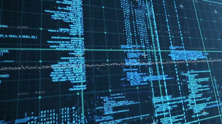 Digital code fragments flowing over dark grid in animated illustration, featuring central XML tags