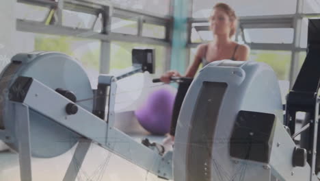 animation of financial data processing over caucasian women exercising on gym