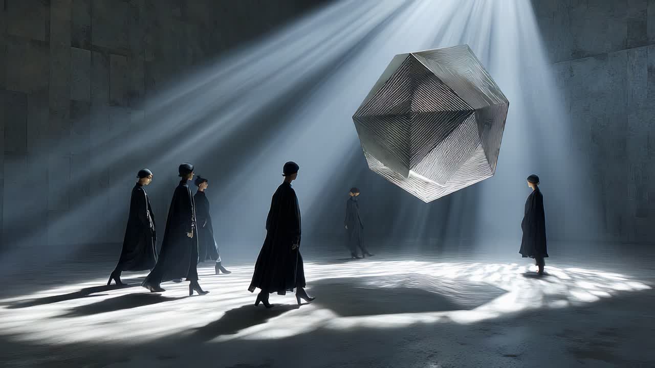 Mysterious Figures in Dark Cloaks Surrounding an Enigmatic Geometric Shape Illuminated by Dramatic Light Beams in an Atmospherically Charged Space