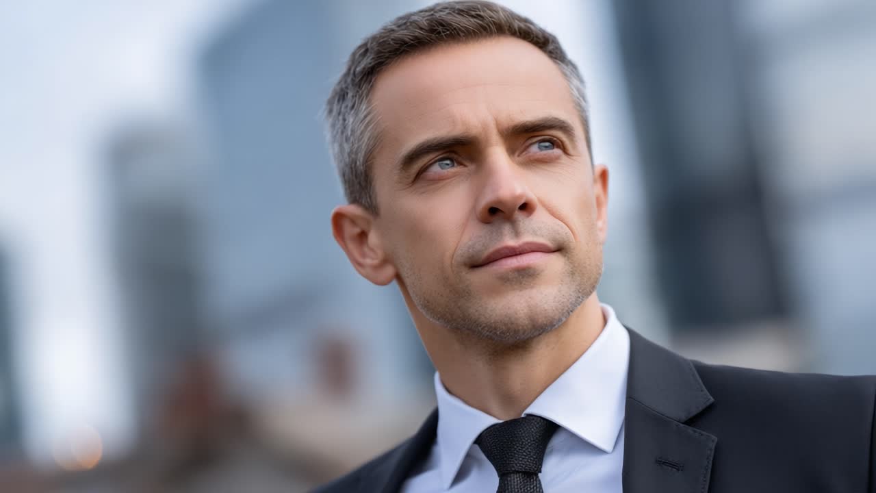 A Confident Professional Man in a Suit Looks Thoughtfully into the Distance Against a Modern Cityscape Background, Exuding an Air of Determination and Purpose
