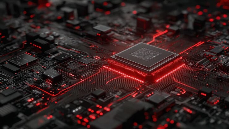 Una Vista Intricata di un Microprocessore High-Tech su un Circuito Stampato, Illuminato da Luci Rosse Vibranti, che Mostra Componenti Elettronici Avanzati in un Moderno Panorama Digitale