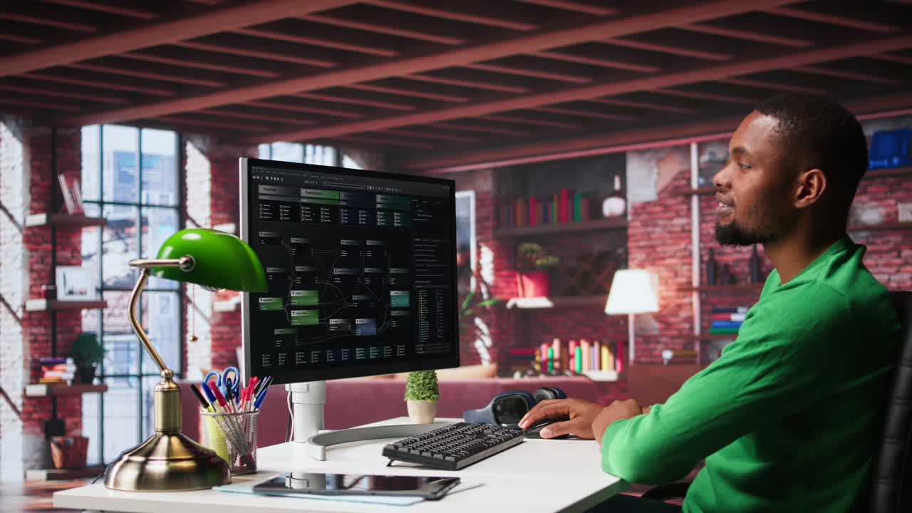 Vertical Video African american man looking at UI on PC screen at home office