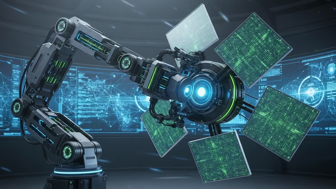 Advanced Robotic Arm Showcasing Innovative Technology with Futuristic Interface and Dynamic Components, Surrounded by Data Visualization and Control Systems