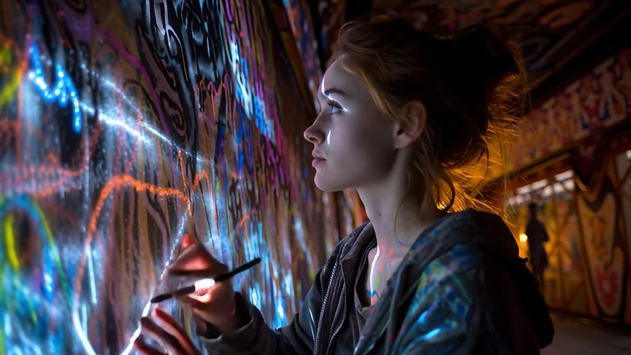 Young artist creating colorful graffiti art in urban space at night
