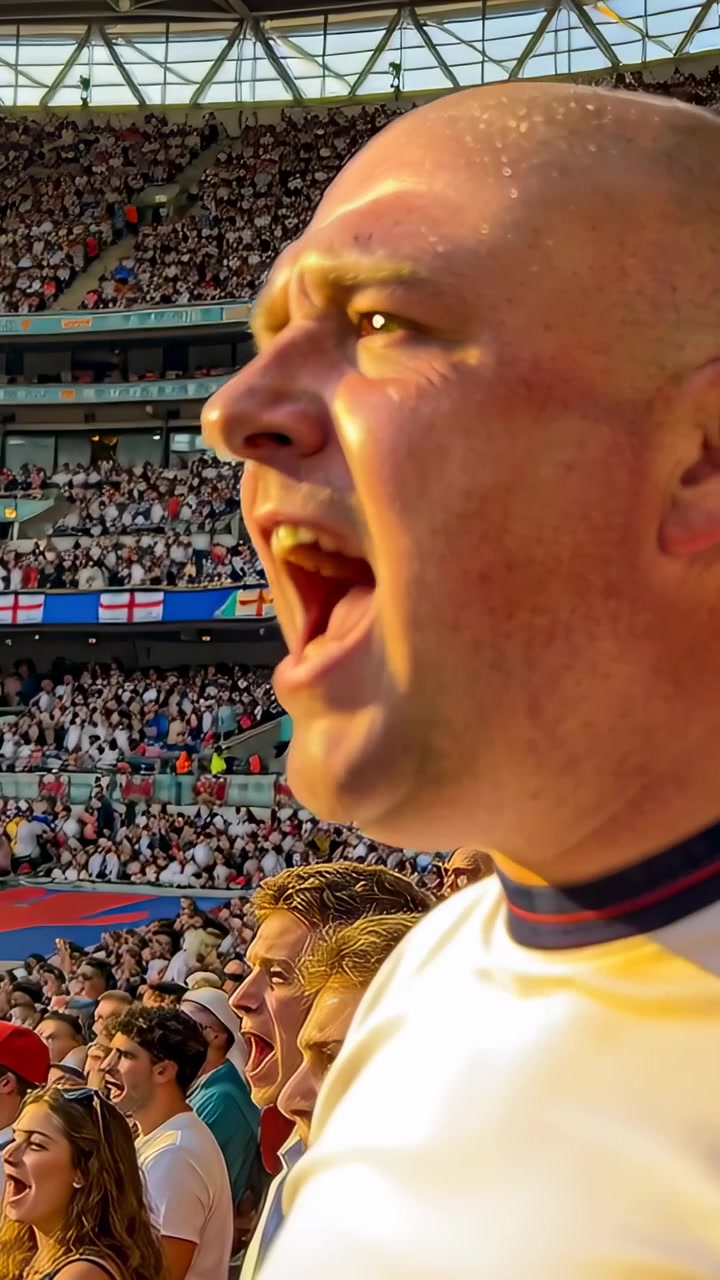 Video vertical: Aficionado gritando con camiseta blanca después de una jugada clave en el estadio con banderas de San Jorge