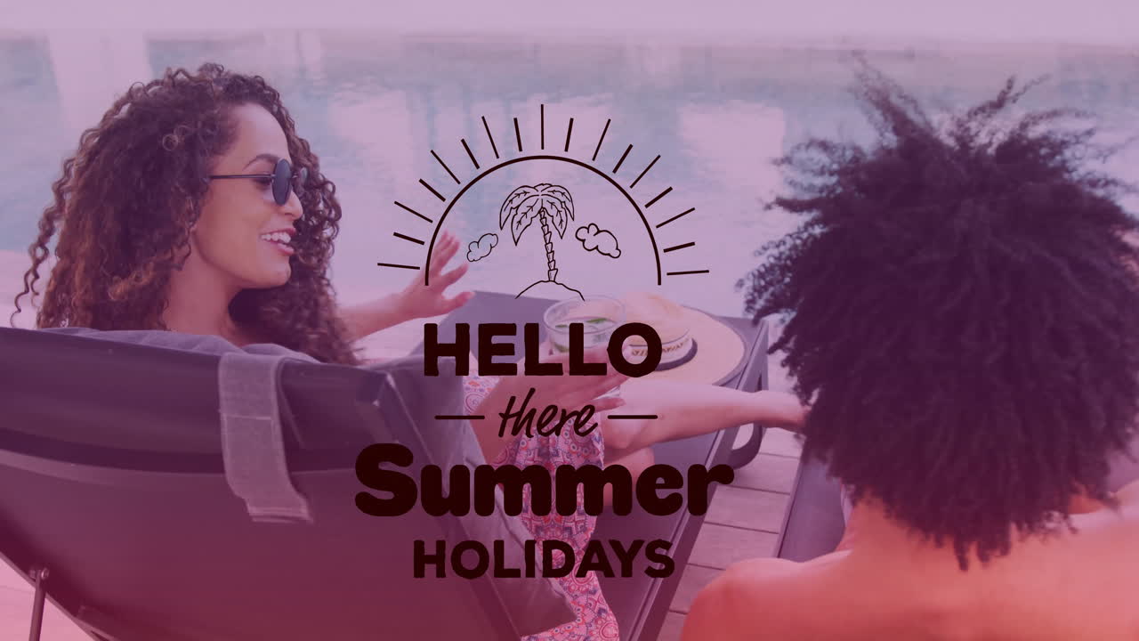 Hello there Summer Holidays text animation over people relaxing by pool