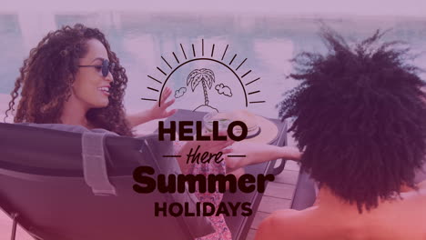 hello there summer holidays text animation over people relaxing by pool
