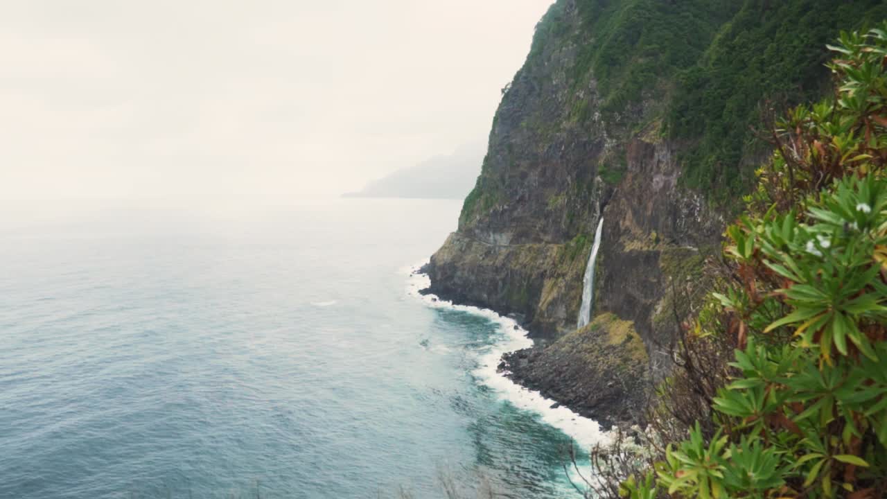 Coastal Waterfall and Lush Vegetation