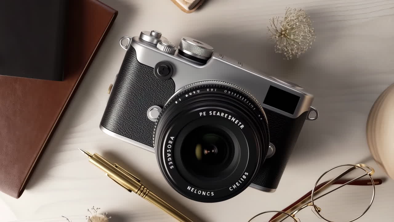 Overhead view of a classic-style camera, pen, and eyeglasses on a desk