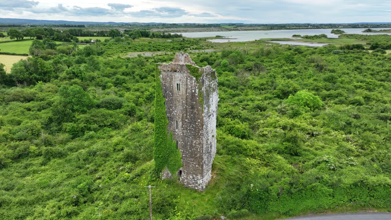 Ireland Epic Locations ancient ruined castle on the Edge of The Burren Co.Clare lush green landscape with fresh water lake