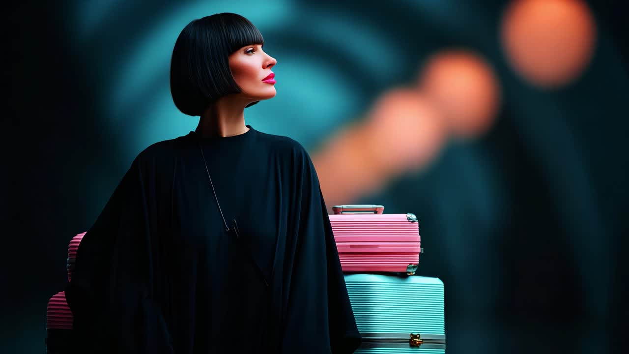 A Stylish Traveler Pausing in a Dreamlike Space, Surrounded by Vintage Luggage, Exuding Elegance and Anticipation for the Next Journey Ahead in a Softly Lit Environment