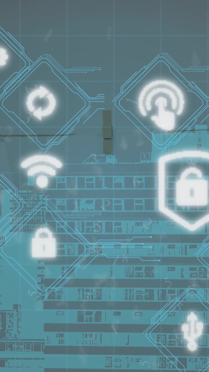 Animerede digitale ikoner og dataflow på en blå gitterbaggrund