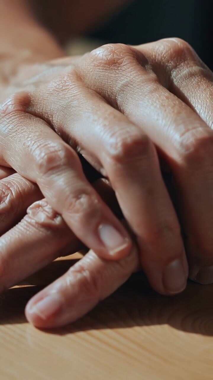 Vertical video: Starting from relaxed pose, mature hands moving into steady clasp on wooden table