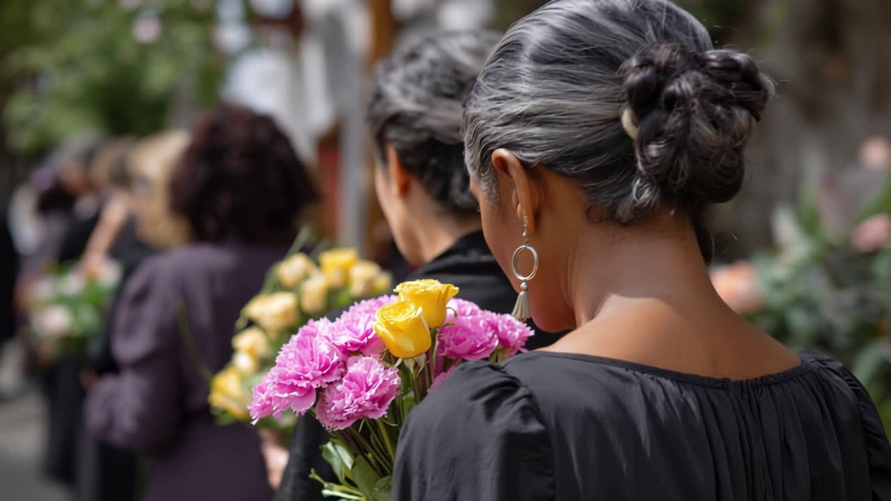 Women walk solemnly, holding flowers. Black attire, neat hair, earring glint. Grief's quiet presence, shared with others. Funeral procession, peaceful, respectful. Suitable for eulogy, remembrance
