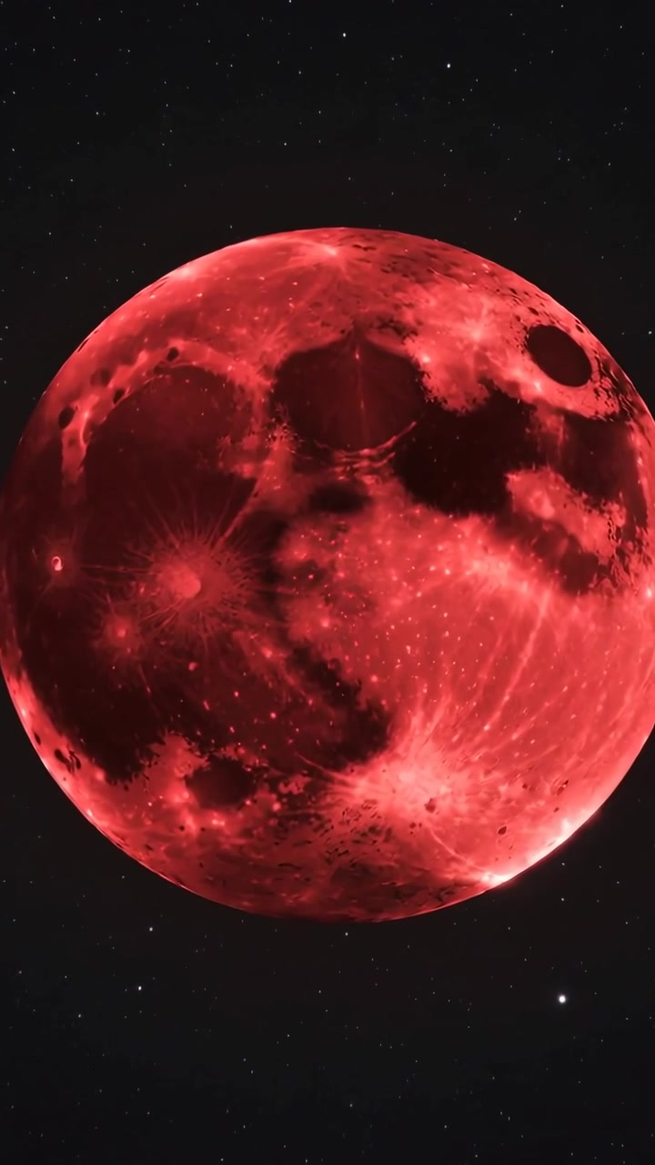 Vertical video: Zooming camera revealing red moon rotating in deep-space, showing crater and rays