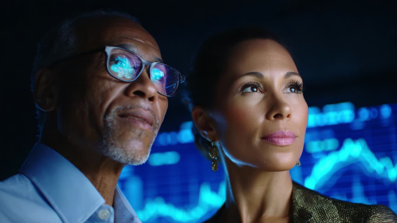 A Bright Future: Two Professionals Analyzing Data Trends and Insights with Optimism, Emphasizing Collaboration and Vision in Their Pursuit of Knowledge and Innovation in a Business Environment