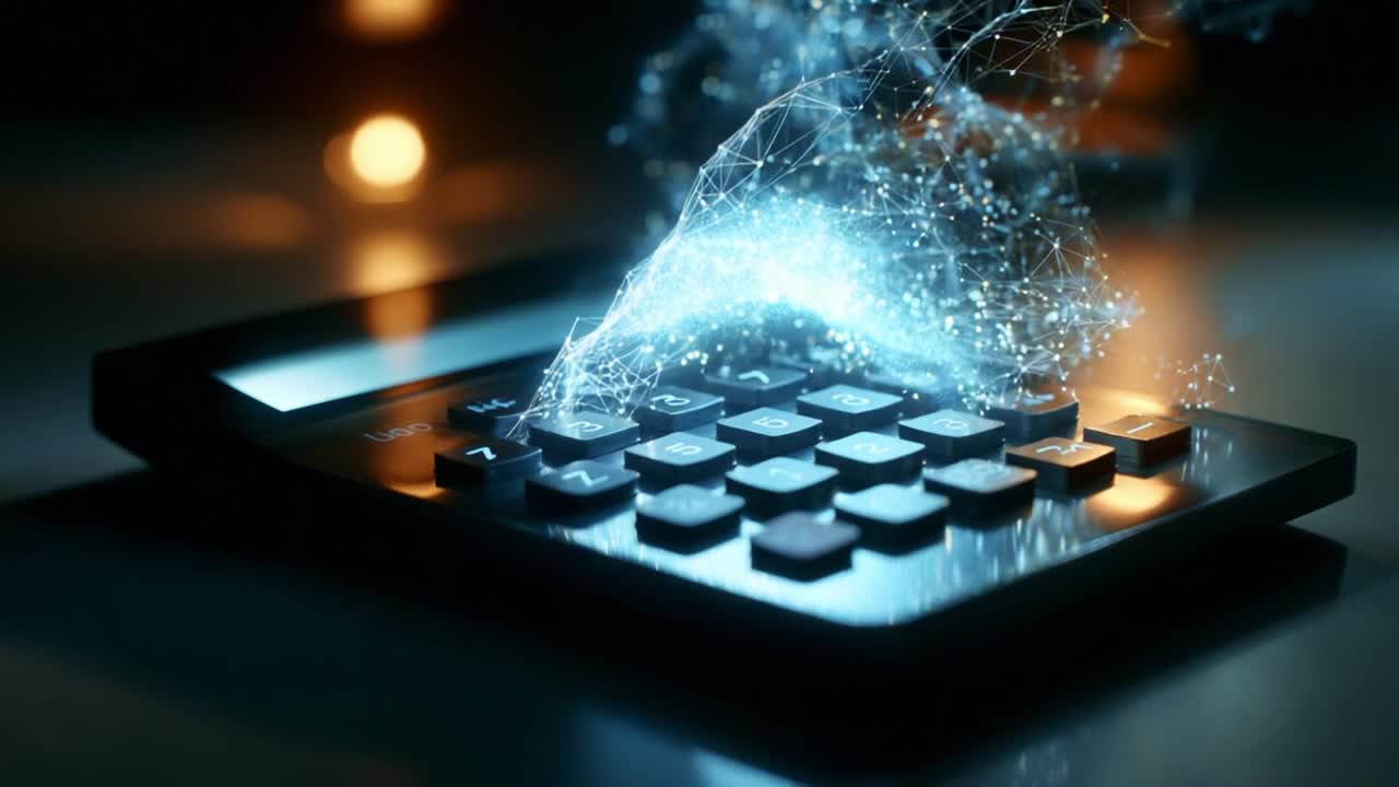A mesmerizing transformation of a calculator as it generates a stunning array of glowing particles and connections, illustrating the fusion of technology and mathematics in a digital realm