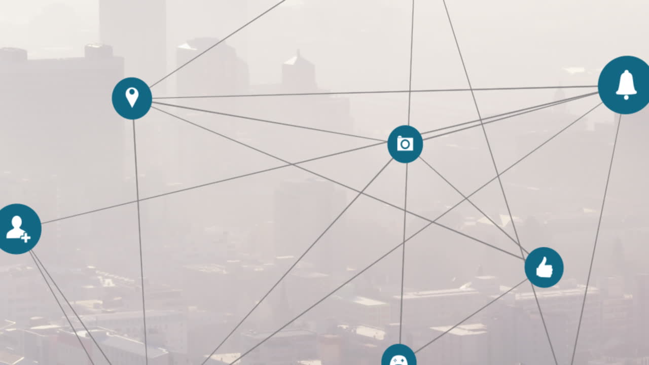animación de una red de iconos digitales frente a una vista aérea del paisaje urbano