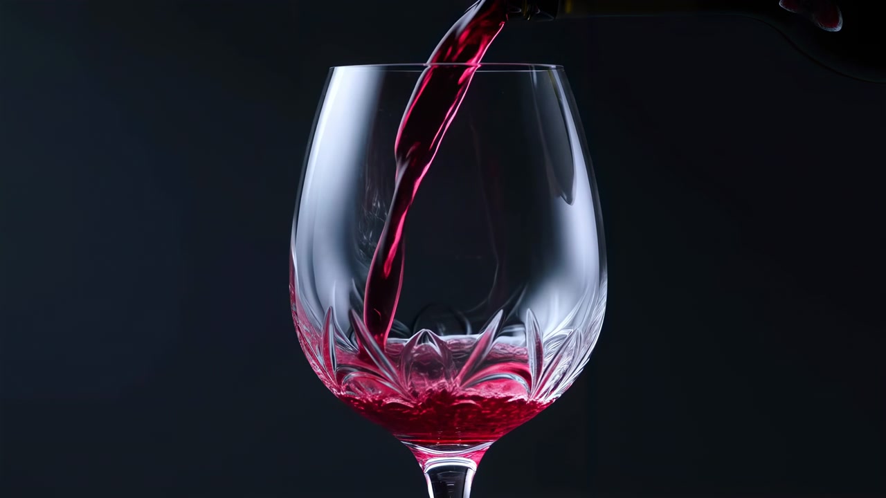 Rødvin hældes i glas, filmisk nærbillede af krystalkop med dyb rubinrød væske, der hvirvler og sprøjter.