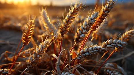 wheat plants capture sunset light in a golden field