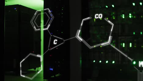 animación de la fórmula química y procesamiento de datos en la sala del servidor.