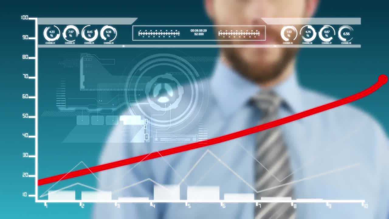 hombre de negocios usando una pantalla de interfaz futurista