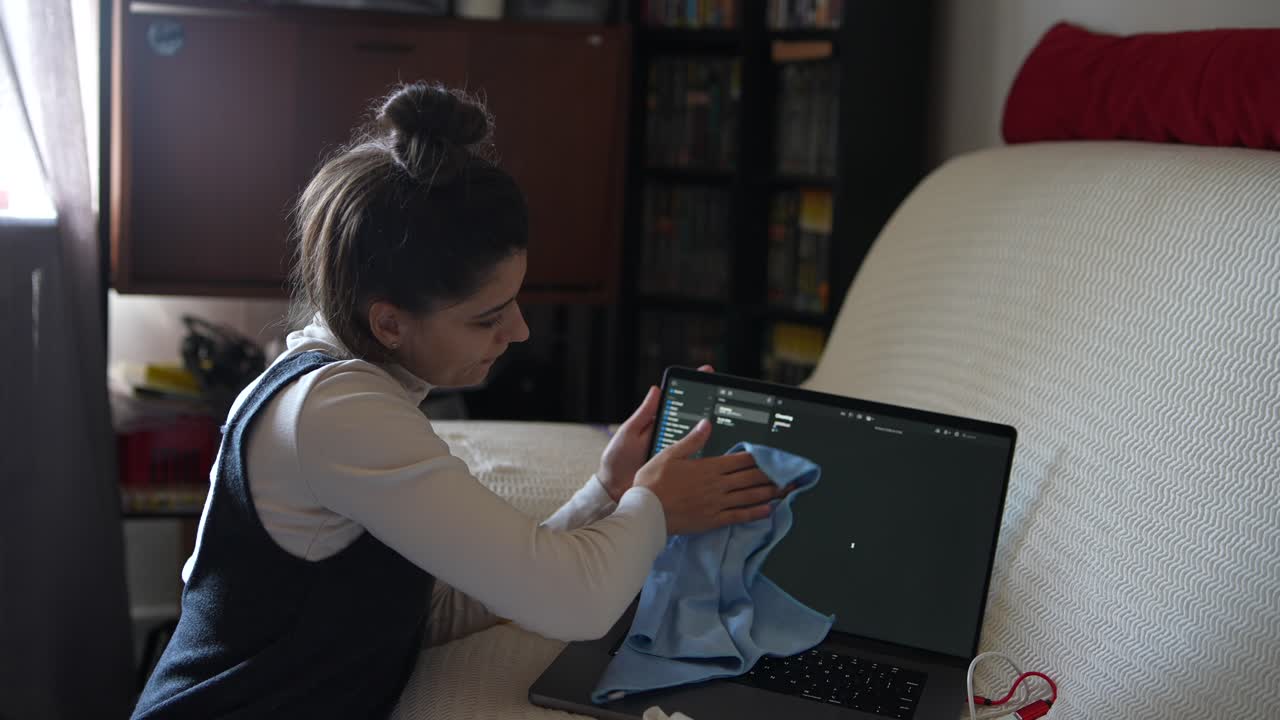 mujer limpiando una pantalla de portátil