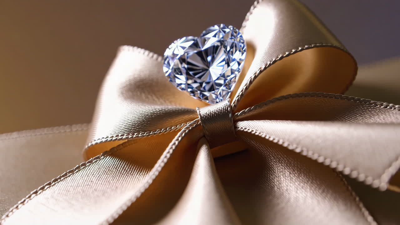 Heart-shaped diamond on a golden ribbon bow
