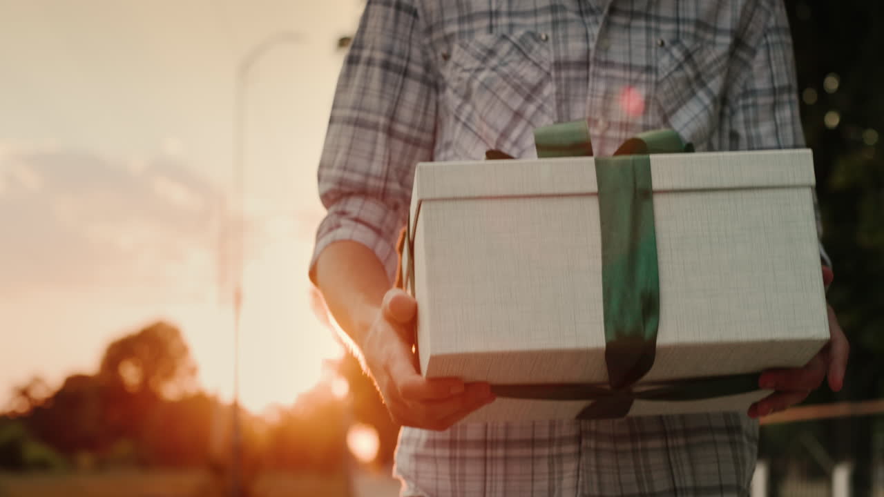 한 남자가 선물과 함께 아름답게 포장된 상자를 들고 태양 2에서 길을 걸어갑니다.