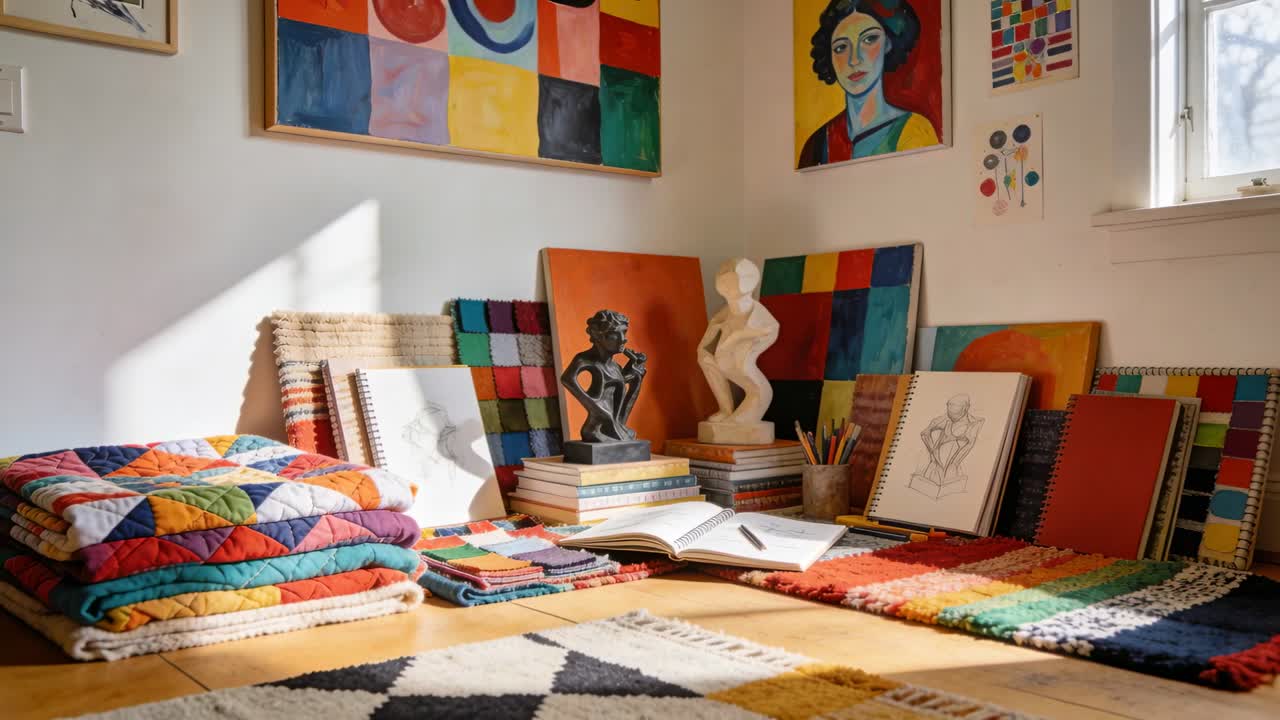 Panorerende kamera mens solen strømmer inn gjennom vinduet, avslører rosa sofaer i stuen og vatterte tepper i kunstnerkroken.