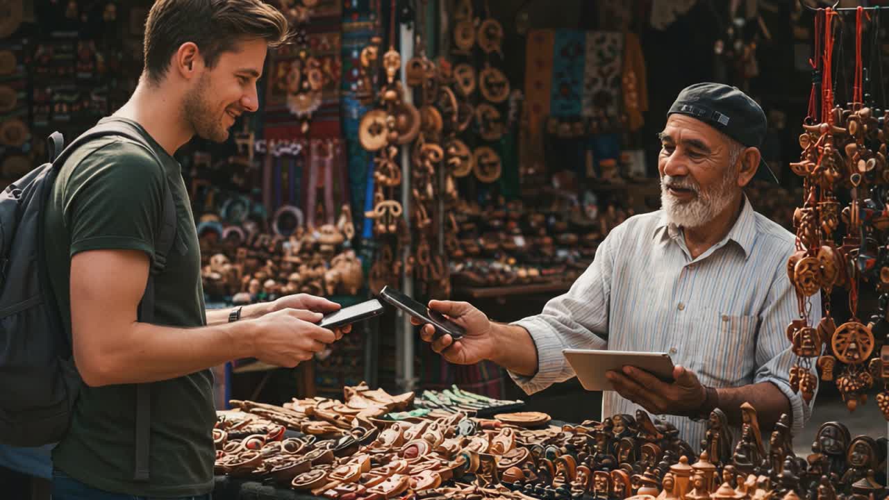 A Cultural Exchange: A Young Man Engages with a Local Artisan in a Colorful Market Filled with Unique Handcrafted Artifacts and Traditional Treasures